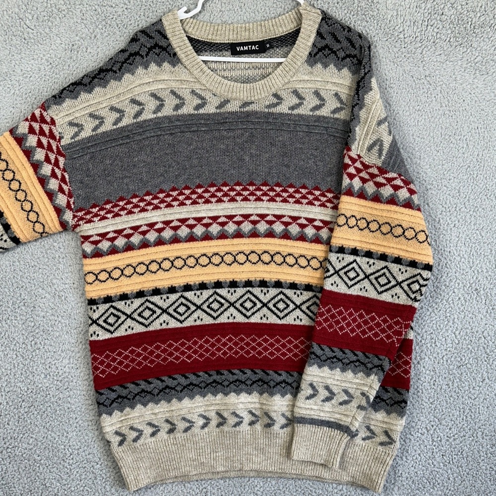 Vamtac Sweater Crew Neck Mens Medium‎ Gray Tan Aztec Knit Long Sleeve Pullover